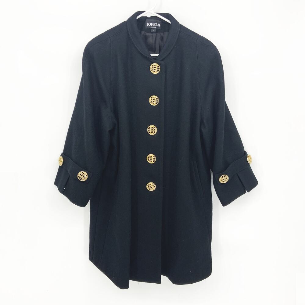 Rare Vintage Jofeld De Ball Swing Top Dress Coat Black Wool Gold Button  Size L
